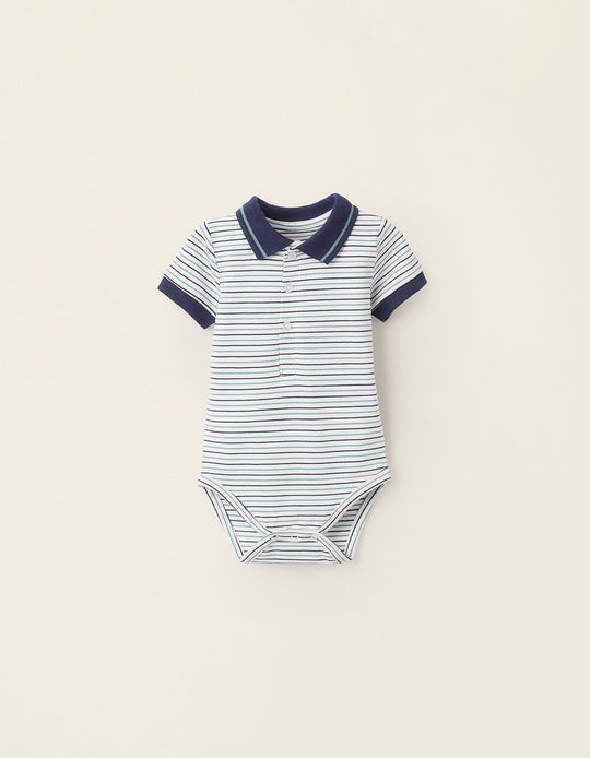 Short Sleeve Striped Polo Bodysuit for Newborns, White/Blue/Green