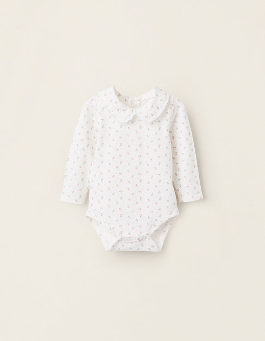 Floral Motif Bodysuit for Newborn Girls, White
