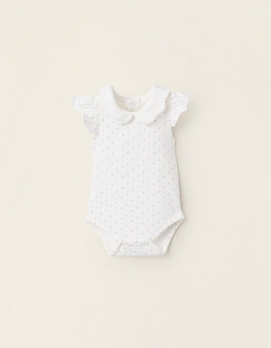 Floral Bodysuit with Wavy Collar and Ruffles for Newborn Girls, White