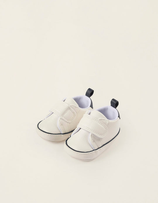 Synthetic Leather Trainers for Newborn Boys, White/Dark Blue