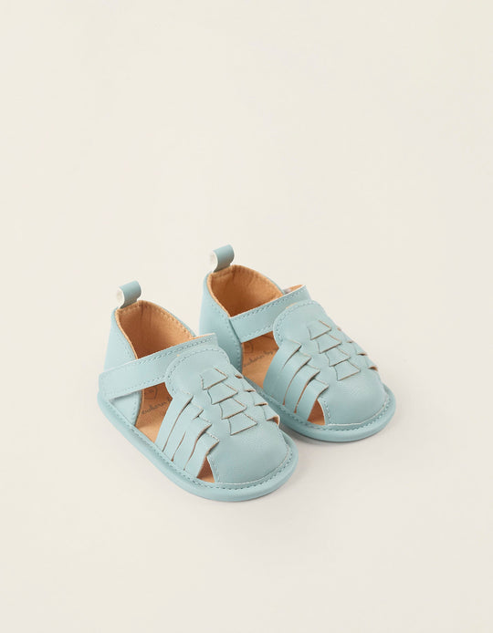 Synthetic Leather Sandals for Newborn Girls, Light Blue