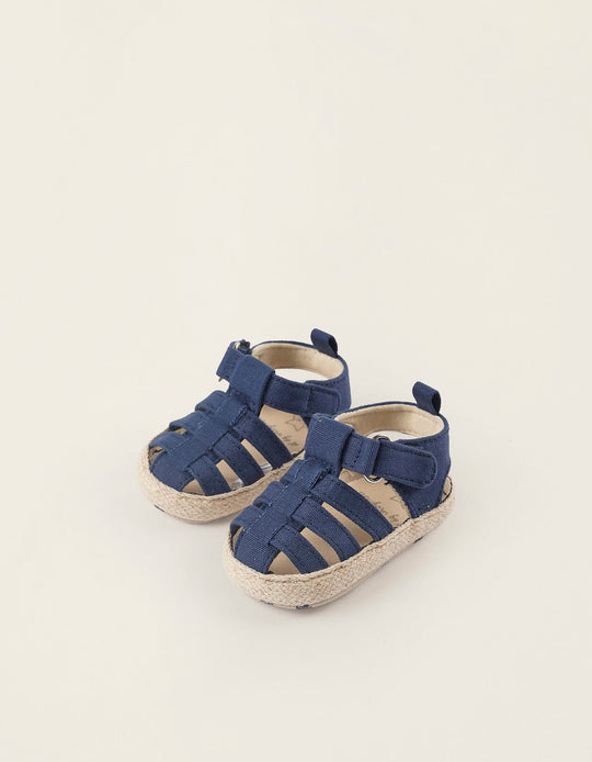 Fabric Sandals with Jute for Newborn Boys, Dark Blue