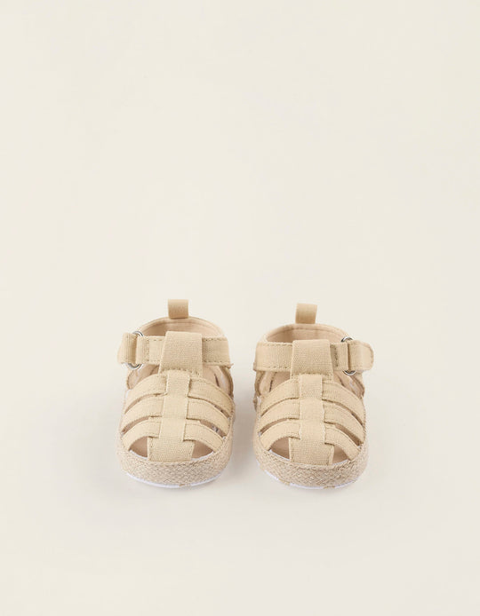 Fabric Sandals with Jute for Newborn Boys, Beige
