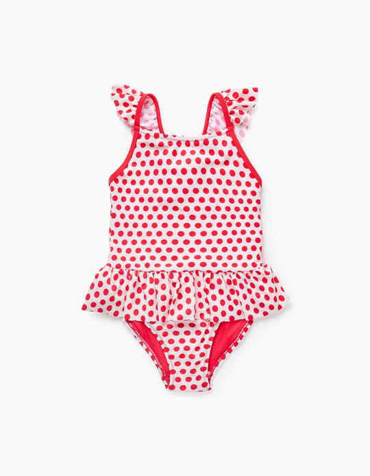 Swimsuit with Polka Dots and Ruffles for Girls, White/Red