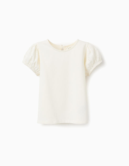 T-shirt with Broderie Anglaise Sleeves for Girls, White