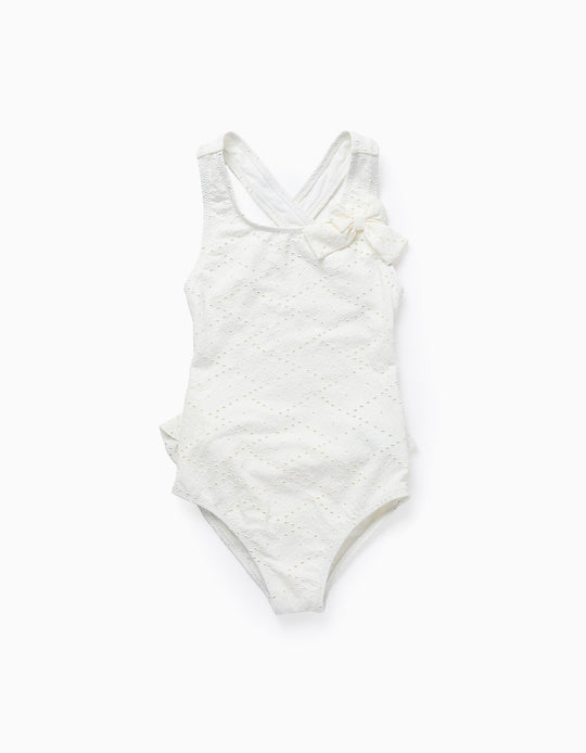 Floral Swimsuit with Ruffles and Embroidery for Girls, White