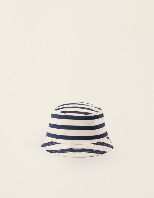 Striped Twill Hat with Side Straps for Newborns and Babies, Beige/Blue