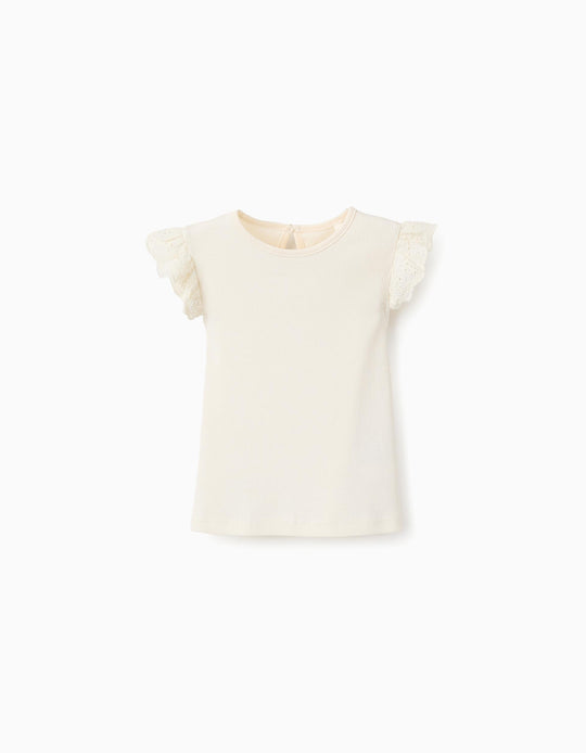 Ribbed Top with Broderie Anglaise Ruffle for Baby Girls, White