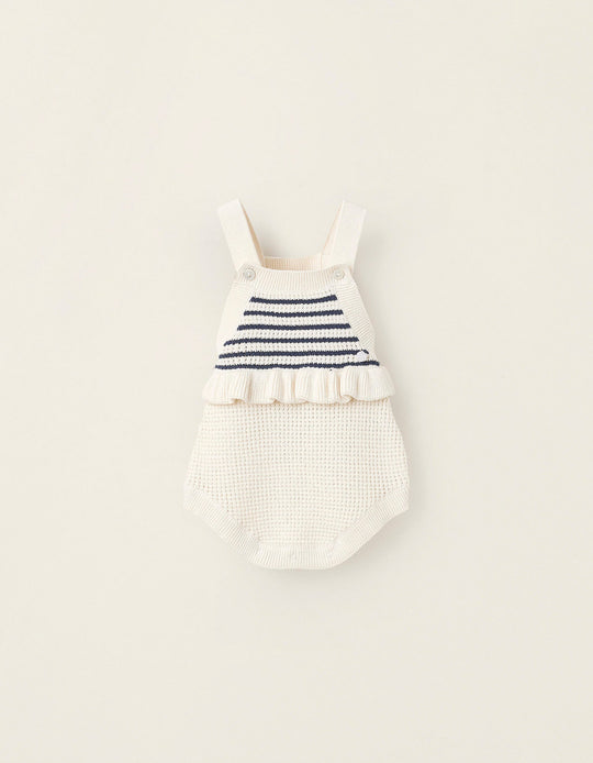 Knitted Jumpsuit with Ruffles for Newborn Girls, Beige/Dark Blue