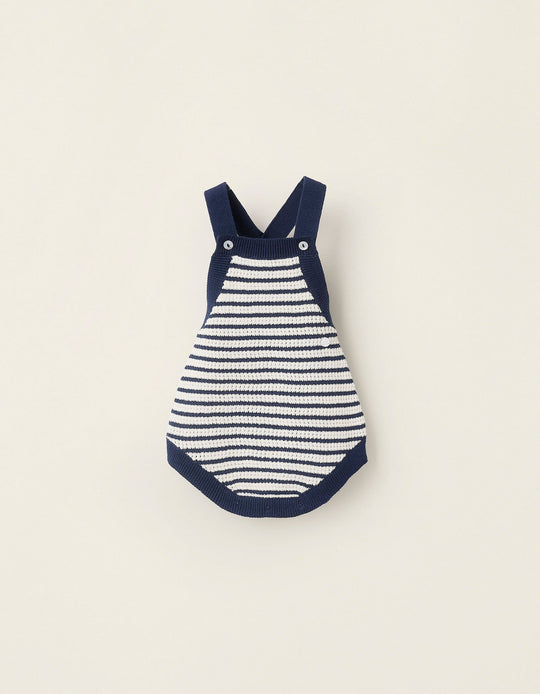 Striped Knit Jumpsuit for Newborns, White/Navy Blue