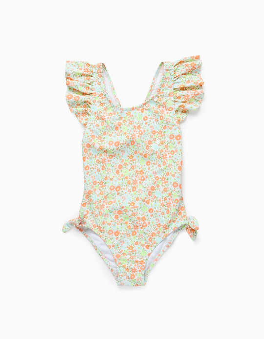 Floral Swimsuit with Frills and Bows for Girls, Multicolour