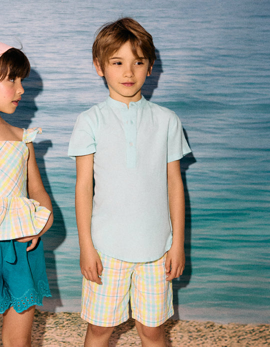 Short-Sleeved Shirt with Mao Collar for Boys, Aqua Green