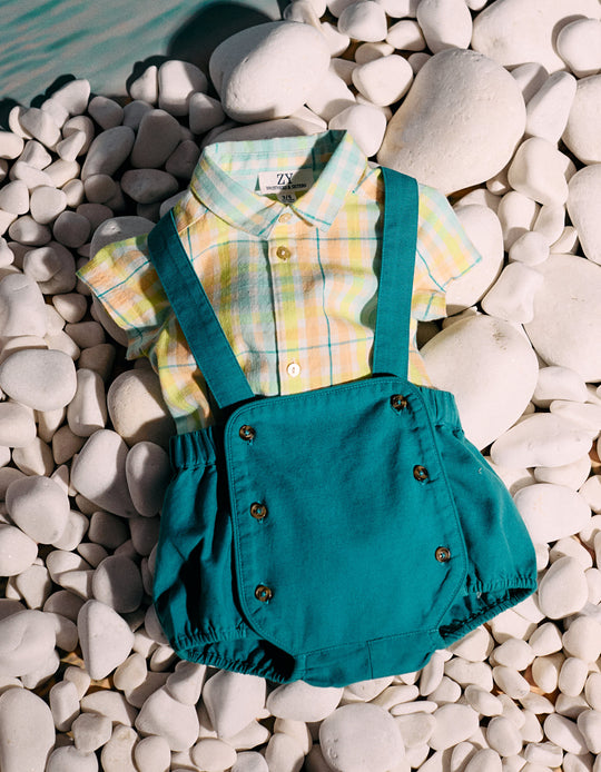 Checked Bodysuit-Shirt + Jumpsuit for Newborns 'B&S', Turquoise