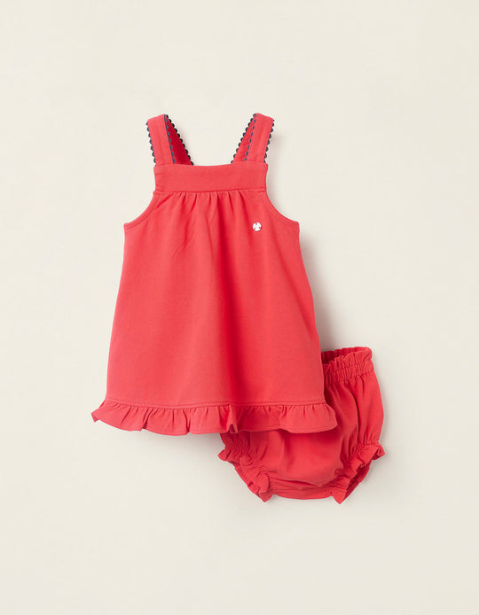 Dress + Bloomers in Piqué with Ruffles for Newborn Girls, Red