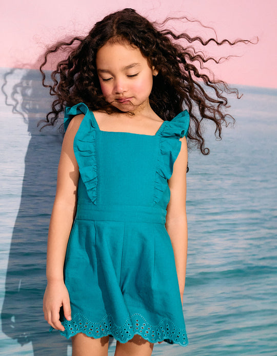 Cotton and Linen Jumpsuit with Broderie Anglaise for Girls 'B&S', Turquoise