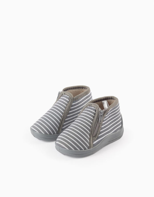 Striped Slippers with Zip for Baby Boys, Grey