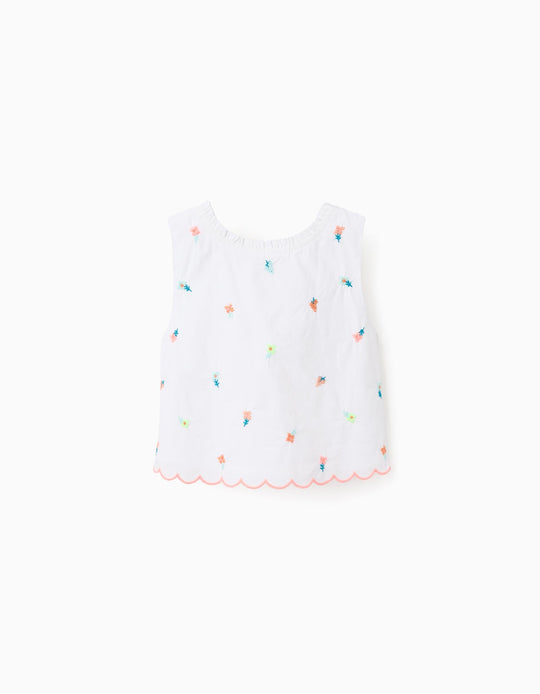 Top with Flower Embroideries for Girls 'B&S', White/Coral