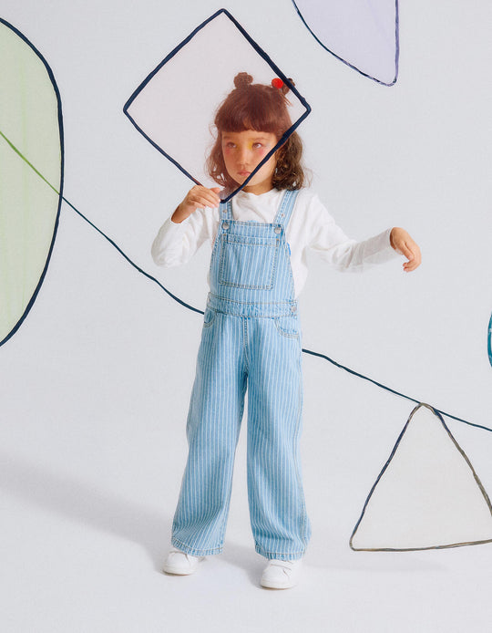 Striped Denim Overalls + Pompom Hair Bobble for Girls, Blue