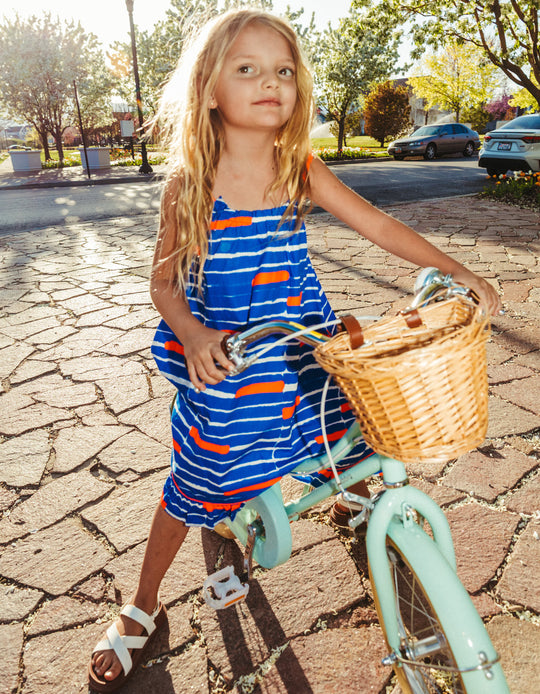 Cotton A-line Dress with Pattern for Girls 'You&Me', Blue/Coral
