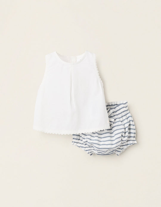 Top + Striped Shorts for Newborn Girls, White/Blue