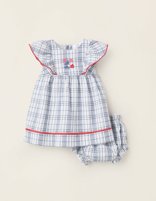 Checked Dress + Bodysuit for Newborn Girls 'You&Me', White/Blue