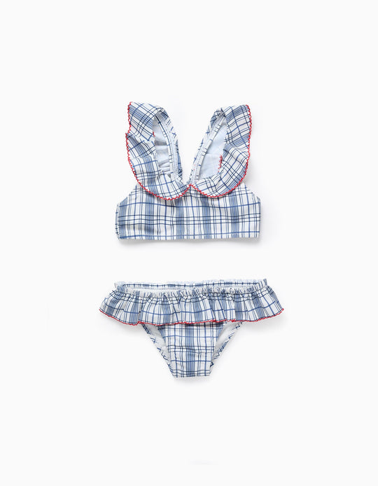 Bikini with Check and Ruffles for Girls 'You&Me', White/Blue/Red