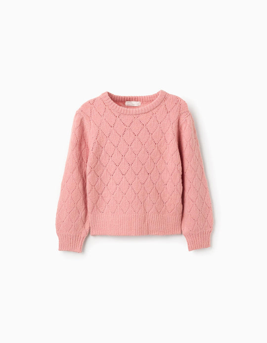 Openwork Jumper with Dropped Shoulders for Girls, Pink
