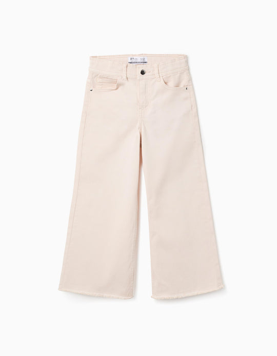 Wide Leg Twill Trousers with Frayed Hems for Girls, Beige