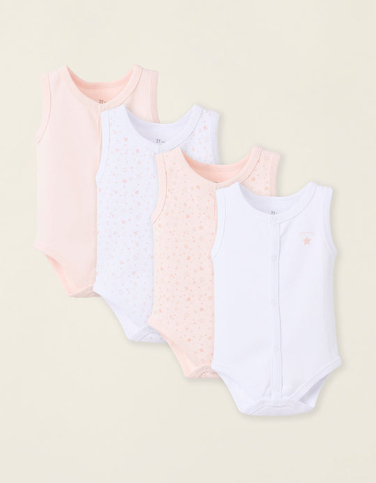 Pack of 4 Sleeveless Cotton Bodysuits for Baby Girls, White/Pink