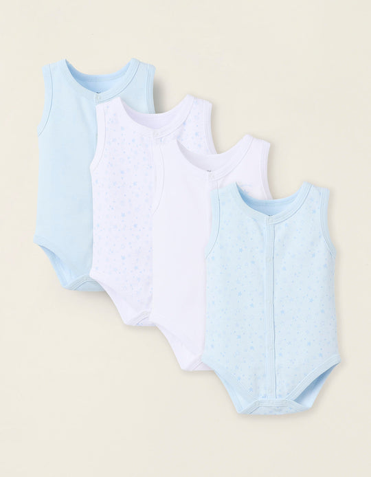 Pack of 4 Sleeveless Cotton Bodysuits for Baby Boys, White/Blue