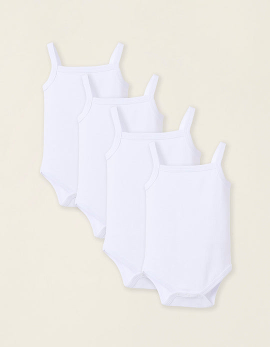 Pack of 4 Strappy Cotton Bodysuits for Baby Girls, White