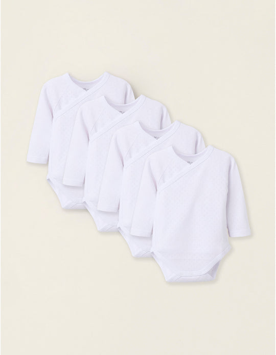 Pack of 4 Wrapover Bodysuits in Pointelle for Newborn Girls and Babies, White