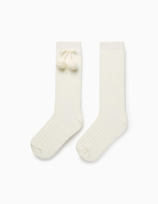 High Socks with Pompons for Girls, White