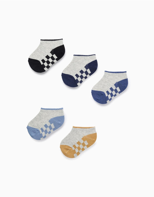 Pack of 5 Pairs of Ankle Socks for Baby Boys 'Squares', Grey/Blue/Yellow
