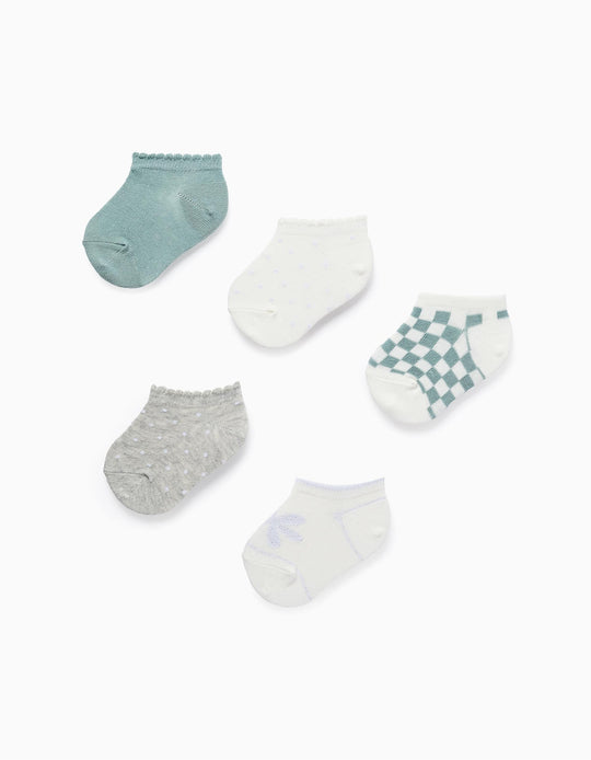 Pack of 5 Pairs of Ankle Socks with Lurex Threads for Baby Girls, Grey/White/Green