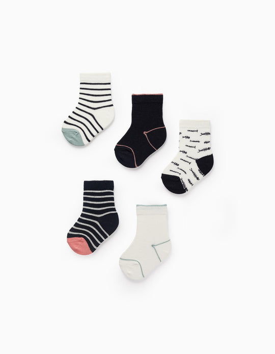 Pack of 5 Pairs of Socks for Baby Girls 'Fish', Blue/White/Pink/Green
