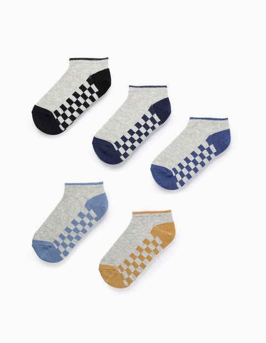 Pack of 5 Pairs of Ankle Socks for Boys 'Squares', Grey/Blue/Yellow