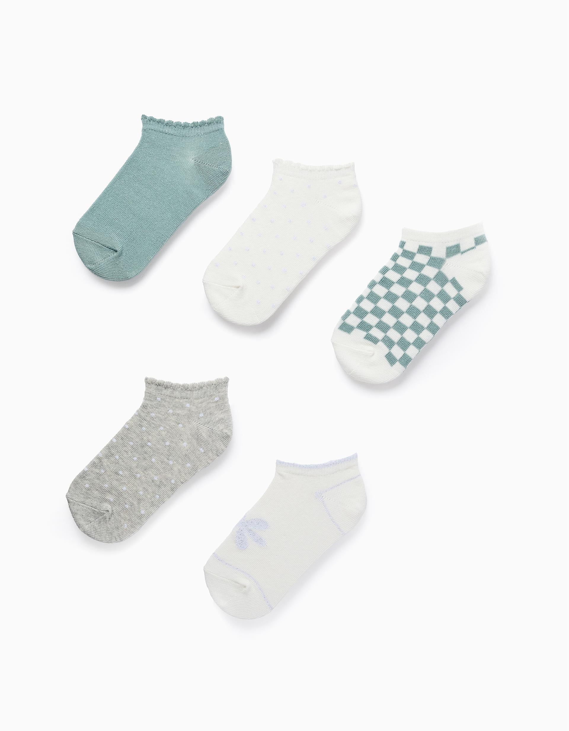 Pack of 5 Pairs of Ankle Socks with Lurex Threads for Girls, Grey/White/Green | La vie en Rose | KSA