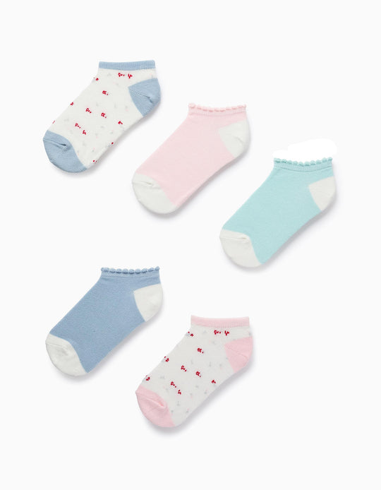 Pack of 5 Pairs of Ankle Socks for Girls 'Flowers', Multicolour