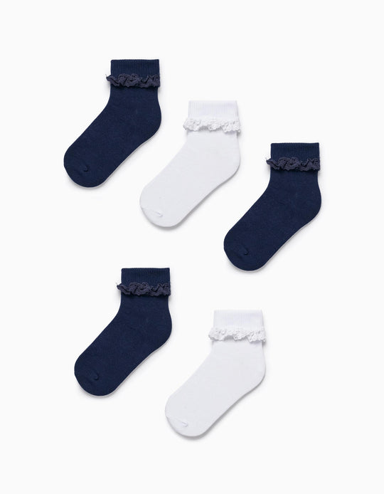 Pack of 5 Pairs of Socks with Crochet for Girls, White/Blue