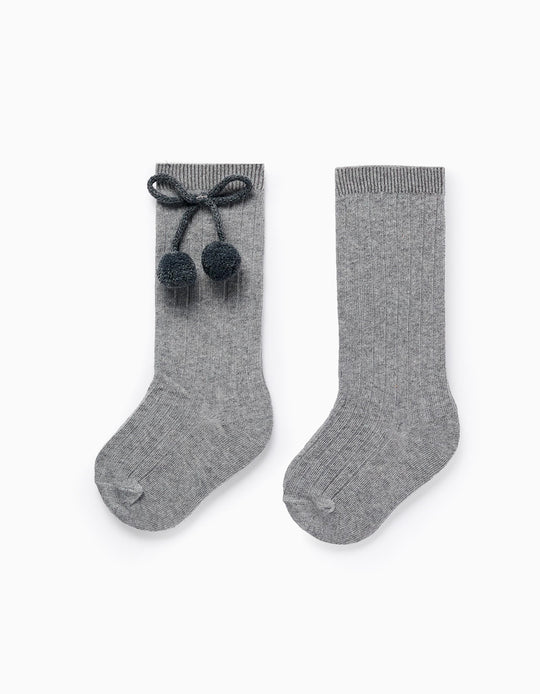 High Socks with Pompons for Baby Girls, Grey