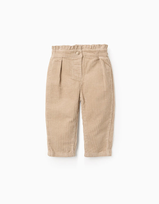Paperbag Corduroy Trousers for Baby Girl, Beige