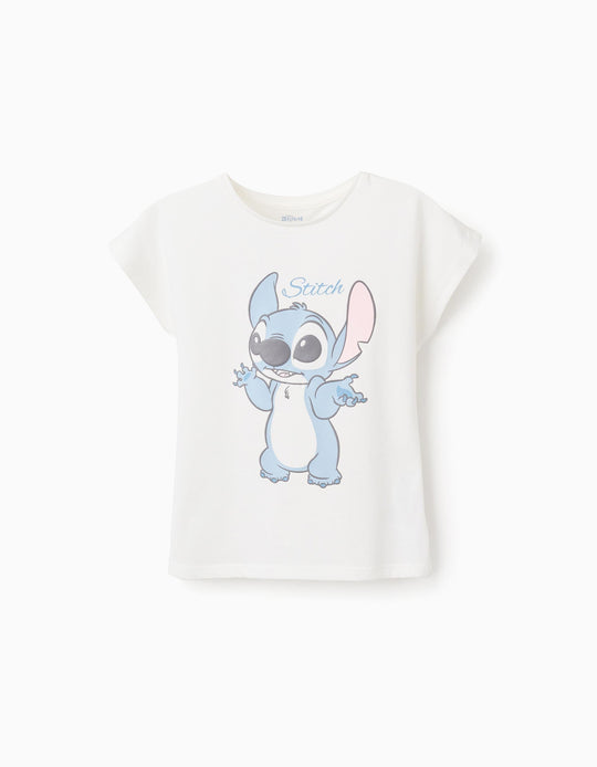 تيشيرت قطن بكشكش خلفي للفتيات "Stitch"، أبيض