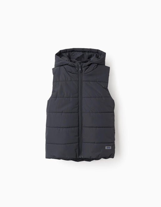 Padded Gilet with hood for boys, dark grey
