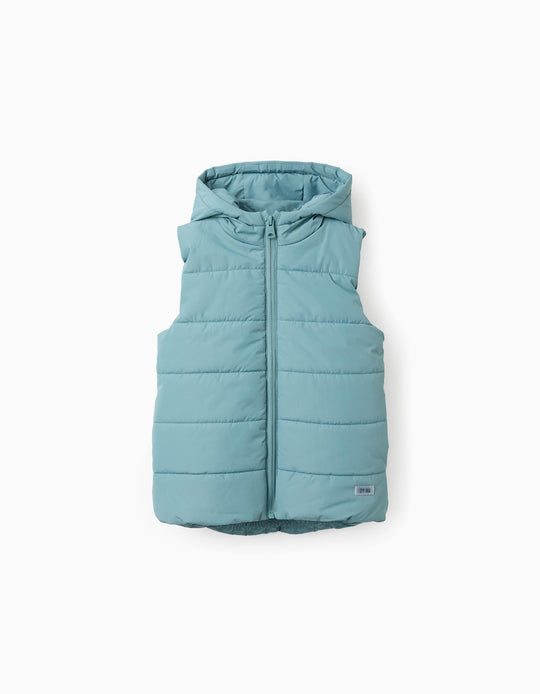 Padded Gilet with Hood for Boys, Aqua Green