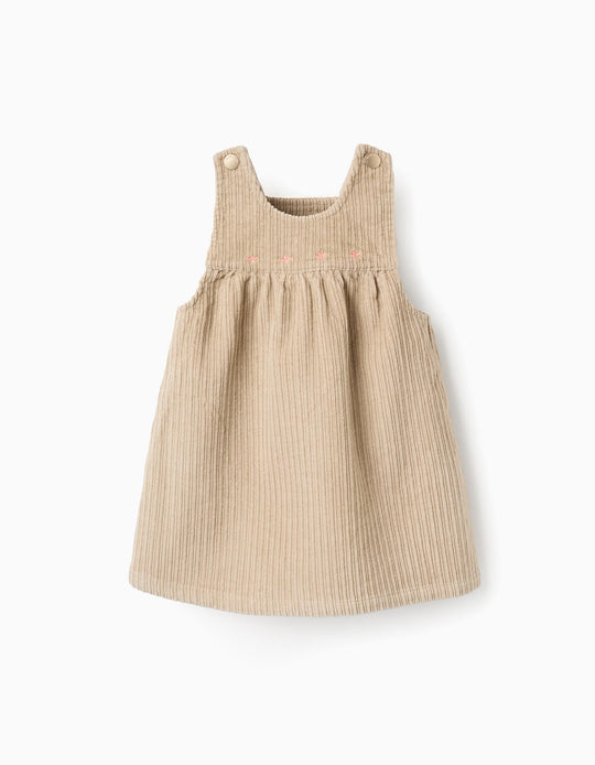 Embroidered Corduroy Pinafore Dress for Baby Girls, Beige