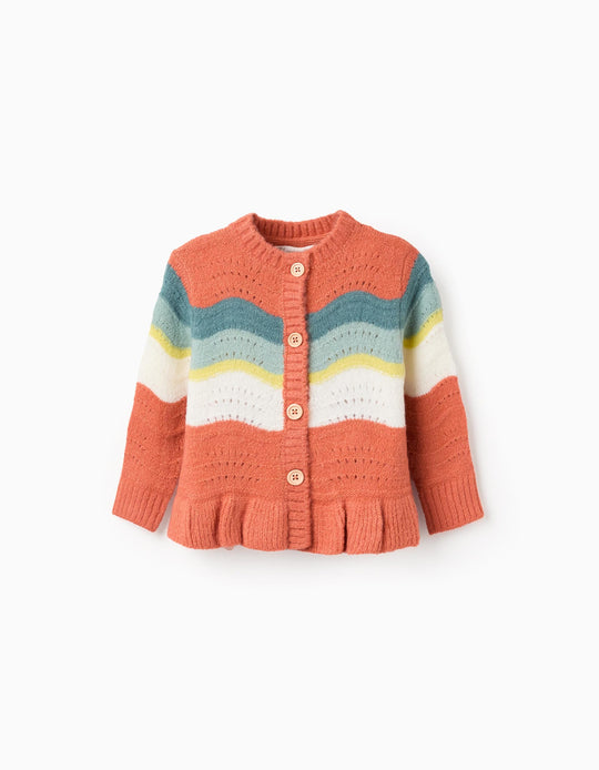 Cardigan with Wavy Stripes for Baby Girls, Orange/Green