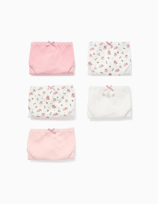 Pack of 5 Briefs for Girls 'Flowers & Camping', White/Pink