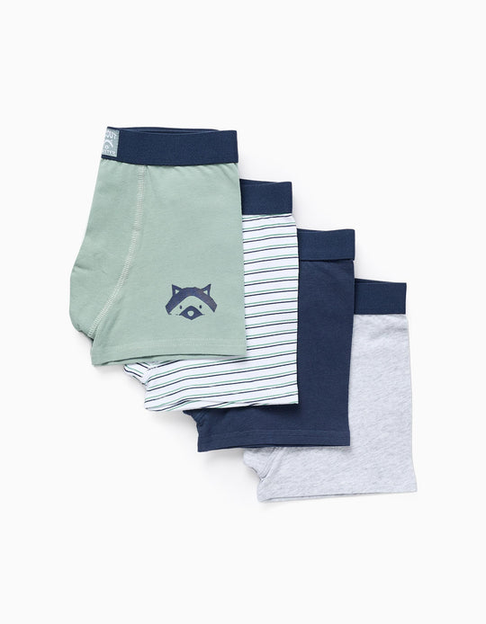 Pack of 4 Boxer Shorts for Boys 'Stripes', Green/Grey/Blue