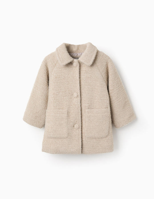 Fluffy Buttoned Jacket for Baby Girls, Beige